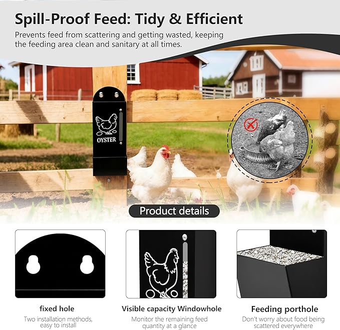 Chicken Grit and Oyster Shell Feeder, Poultry Feeder with Visual Window, No-Mess Weatherproof, Metal Hanging Gravity Chicken Feeder, Chicken Coop Accessories (Grit-Black)