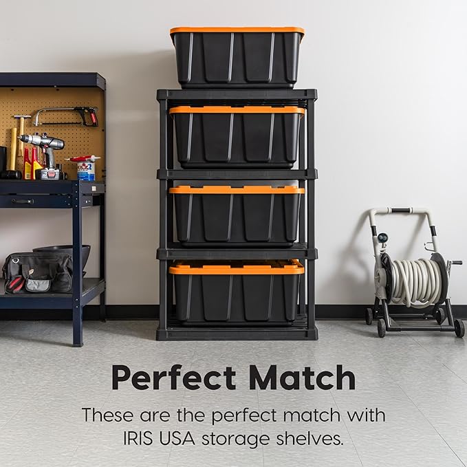 IRIS USA 4-Pack 27 Gallon Storage Bins with Lids |Made in USA| Heavy Duty Plastic Tote Containers for Truckbed Tool Box Organization, Large - Orange