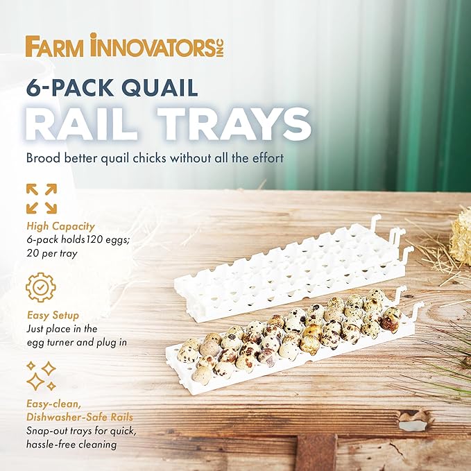 Farm Innovators 6 Pack Quail Rails - 20 Spot Small Egg Trays Only, Fits up to 120 Eggs Total - Compatible with Model 3200 Automatic Egg Turner