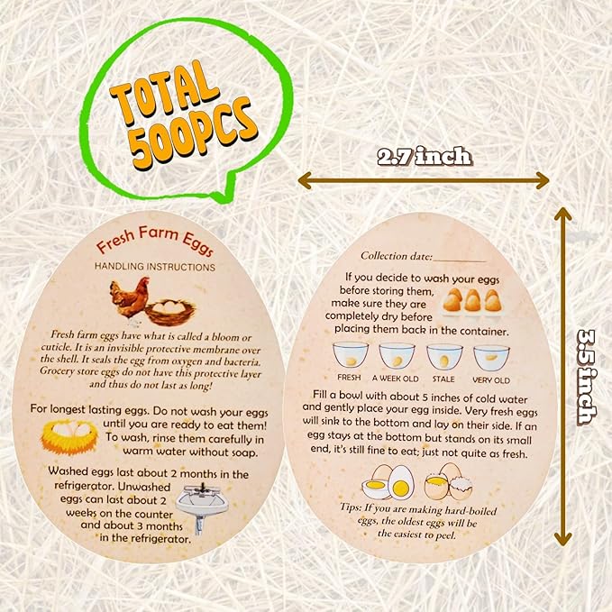 500 Pcs Premium Fresh Farm Egg Handling Instruction Cards - 2.7 X 3.5 Inches - Egg Stamps for Eggs Care Egg Cartons Cheap Bulk - Egg Stamps for Fresh Eggs for Egg Cartons Reusable - Eggs Shape Style