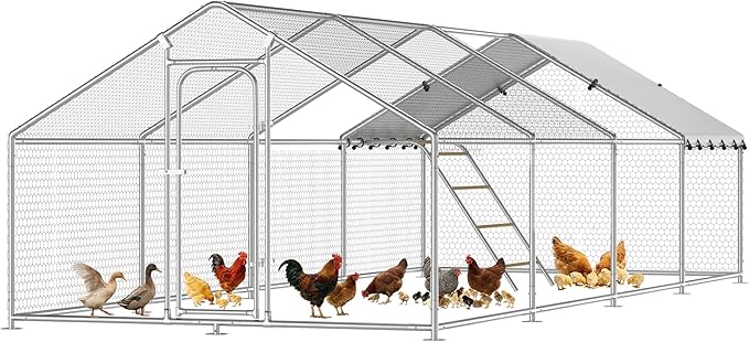 Large Metal Chicken Coop with Roosting Perch, Waterproof and UV Protection Cover, Chicken Run Outdoor Walk-in Cage Chicken Rabbit Duck Hen House for Yard Farm Use Spire Roof (10’ W x 26.2’ L x 6.4’ H)