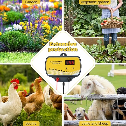 Electric Fence Charger 12V Input to 12KV Output, 2 Joule, 120 Acre Plug-in Electric Fence Energizer for Wildlife Control & Animal Intrusion Prevention Includes Warning Signs and Conductive Wire