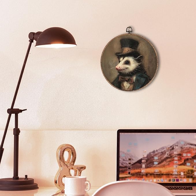 Hxlac Vintage Opossum Round Wall Art Framed, Dark Moody Opossum Round Wall Decor, Rustic Farm Animal Hanging Canvas Prints Wall Sculptures for Home Living Room Bedroom Decor, 10x10 Inch