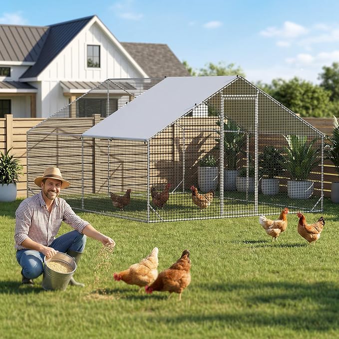 Metal Chicken Coop with Run, 13.1x9.8x6.6ft, Walk-in Chicken Run for Yard with Cover, Upgrade Double Lock & Rust-Proof Mesh, Stainless Steel Ties, Easy Assembly, Chicken Pen for Ducks, Rabbits