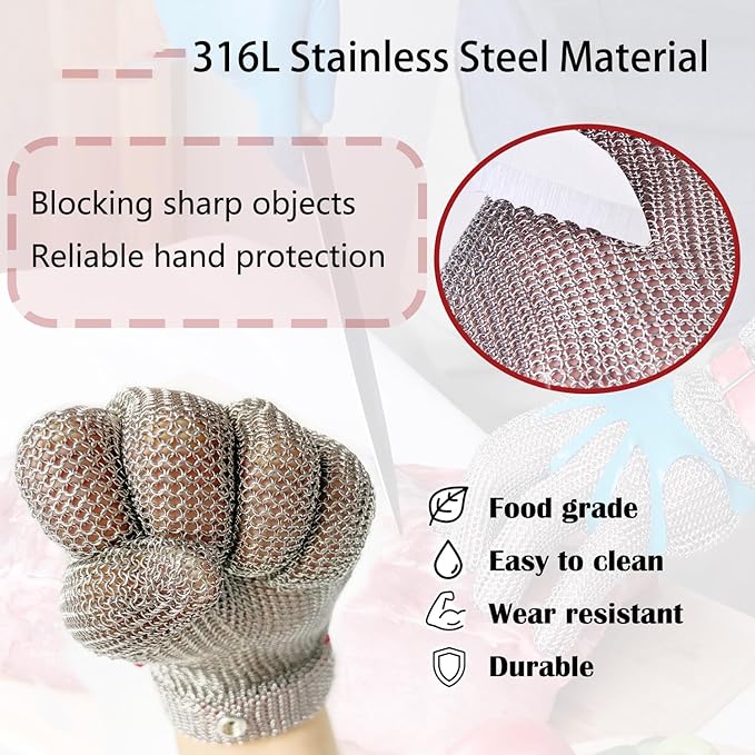 Cut Resistant Stainless Steel Metal Mesh Glove, Food Grade Chainmail Glove for Cutting, Butcher Gloves for Oyster Shucking Fish Filleting Food Processing Leather Cutting (Large (Pack of 1))