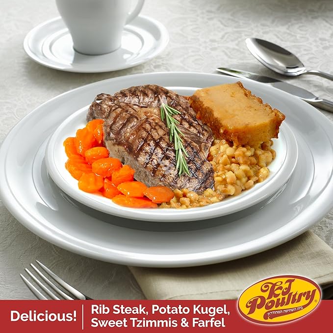 KJ Poultry Kosher Ready Meals - Beef Rib Steak & Kugel, MRE Meat Meals Ready to Eat, Shabbos Food (1 Pack) Prepared Entree Fully Cooked, Shelf Stable Microwave Dinner Travel Military Camping Survival