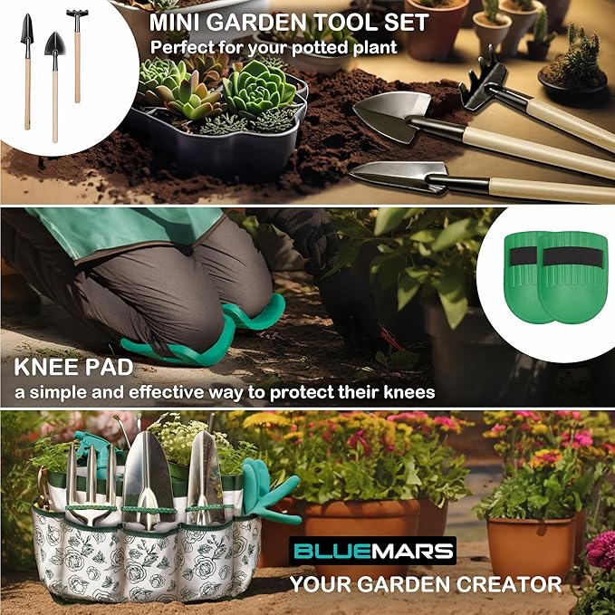 Bluemars Gardening Hand Tool Kit 14PCS Heavy Duty Stainless Steel Garden Tool Set with Floral Garden Tote -Outdoor Gardening Transplanting Gifts for Woman