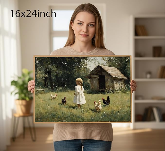 Framed Farm Girl Wall Art Vintage Farmhouse Kitchen Canvas Prints Rural Chicken Picture Artwork French Country Painting Wall Decor for Bedroom Living Room 16x24in