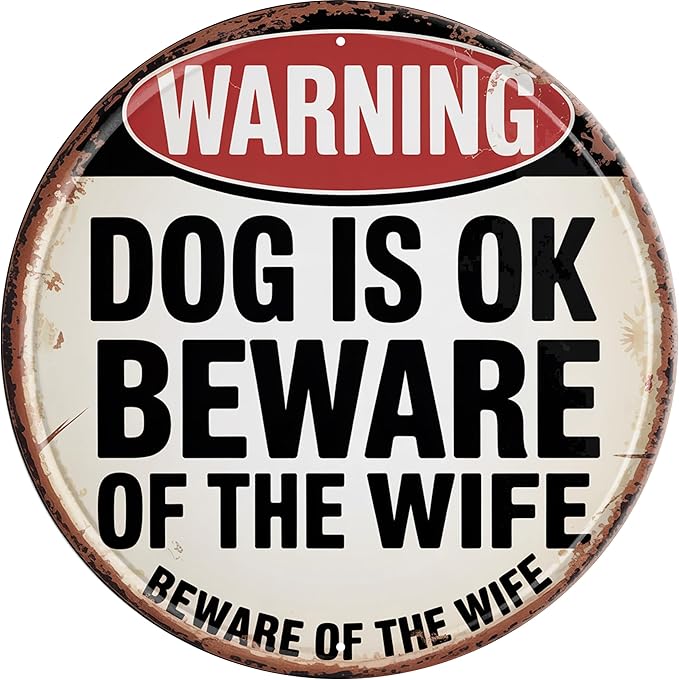 AWISZZZ Beware Of Wife Metal Sign 8x8in Round Humorous Plaque for Garden Gate Wall Decor Couples Warning Gift