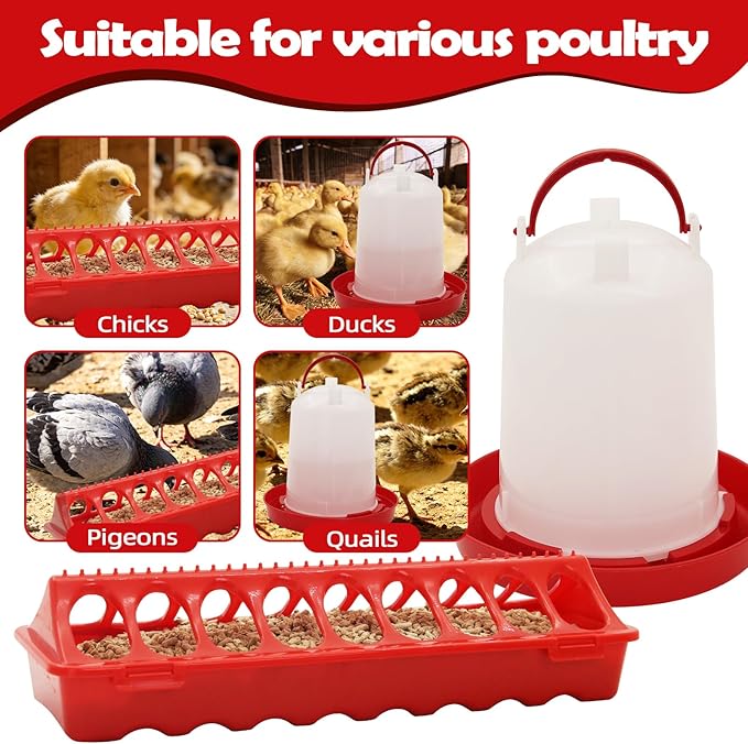 Chicken Feeder and Chicken Waterer Kit Set Automatic Chicken Hanging Poultry Waterer 3L kit-Flip Top Chick Feeder with 16 Feeding Hole