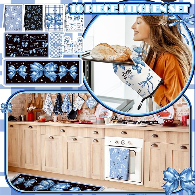 10 Pcs Blue Bow Kitchen Decor Set Dish Towels Kitchen Rugs Oven Mitts and Pot Holders for Cooking Baking Grilling Women Mom Gift
