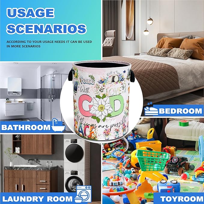 Christian Peace Laundry Basket God Bible Verse Oxford Cloth Laundry Hamper With Handle Foldable Portable Clothes Storage Basket 18.9 X 16.5 In Storage Bag For Laundry Room/Bathroom/Bedroom/Dormitories