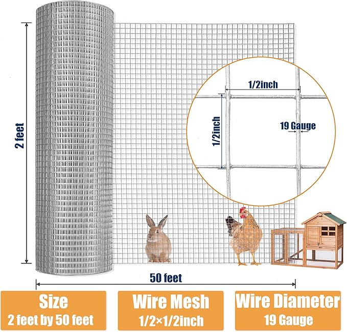 1/2inch 24Inch（H）x50Ft（L）19 Gauge Hardware Cloth Chicken Wire Fencing Hot-Dipped Galvanized Welded Chicken Wire Mesh Roll Metal Fence for Poultry Cage Home Improvement Projects