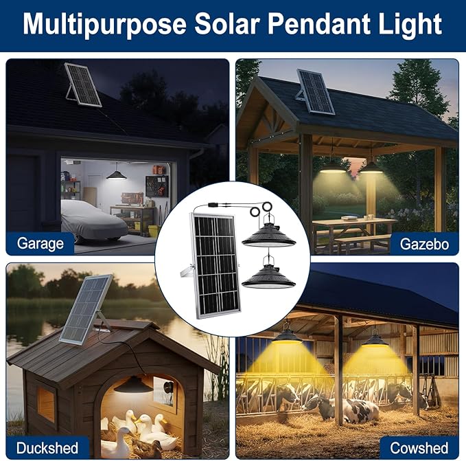 Solar Chicken Coop Shed Light with Time, Rechargeable Solar Hanging Ceiling Pendant Light Waterproof 13.1ft Cord, for Barn Greenhouse Gazebo Patio Poultry Pen Pet House(Black,10w)
