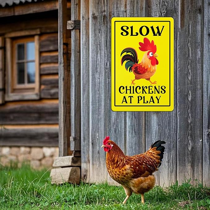 Vintage Slow Tin Sign Chickens at Play Metal Sign Funny Chicken Coop Yard Poster Home Kitchen Coffee Garden Wall Decor 12x16 Inch