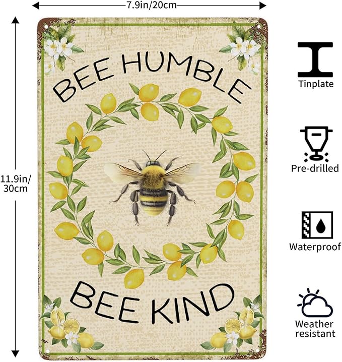 Lemon Vintage Metal Poster Bee Humble Garden Sign Decorative Outdoor-Retro Aluminum Metal Tin Sign Wall Decor Art Gift for Home Outside Farm Garden Garage Outdoor, 12''x 8''