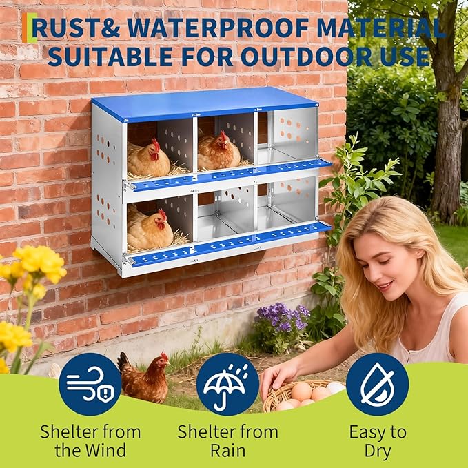 Metal Chicken Nesting Boxes - 6 Hole Wall-Mountable Laying Boxes with Roll-Away Egg Collection, Weatherproof Galvanized Steel, for Chicken Coop, Blue