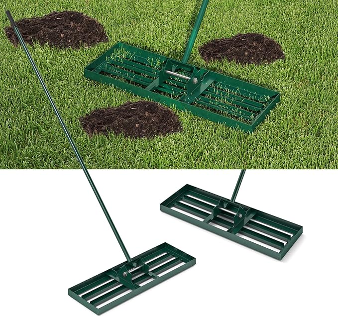 Happygrill Lawn Leveling Rake, Heavy Duty Lawn Level Tool for Soil w/67” Handle, Dirt Ground Leveler, Effort-Saving Landscape Rake for Garden, Backyard, Golf Course, Farm, Pasture (30" x 10", Green)