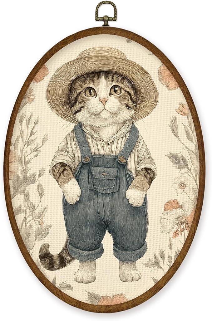 WULQYING Vintage Overall Cat Wall Art Decor, Whimsical Cottagecore Animal Oval Framed Canvas Art Prints, Rustic Floral Farmhouse Wall Hanging Decor for Home Nursery Living Bedroom, 8.6x11.4 Inches