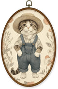 WULQYING Vintage Overall Cat Wall Art Decor, Whimsical Cottagecore Animal Oval Framed Canvas Art Prints, Rustic Floral Farmhouse Wall Hanging Decor for Home Nursery Living Bedroom, 8.6x11.4 Inches