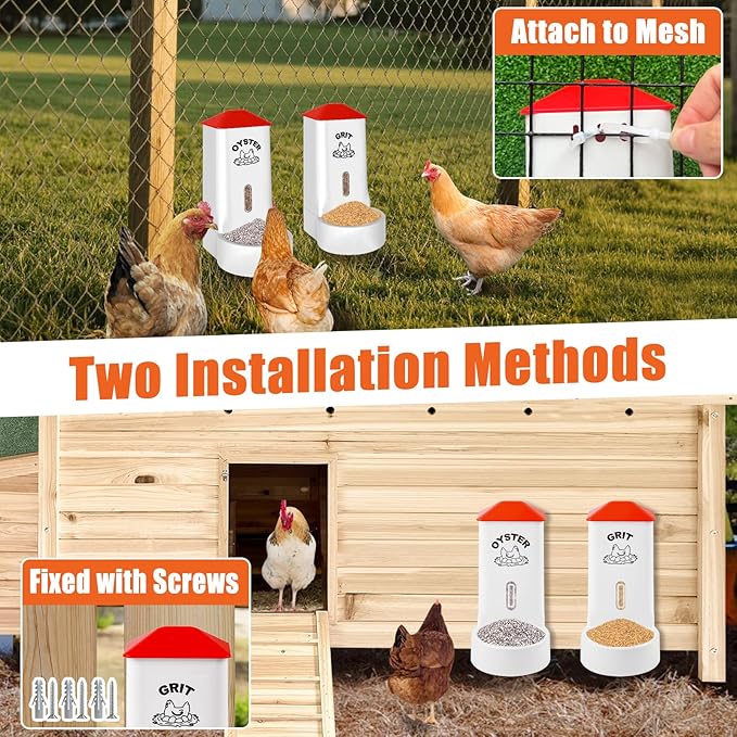 2 Pack Chicken Grit and Oyster Shell Feeder, Automatic PVC Chicken Feeder with Visual Window and Lid, Hanging Chicken Feeder for Strong Eggs Healthier Poultry
