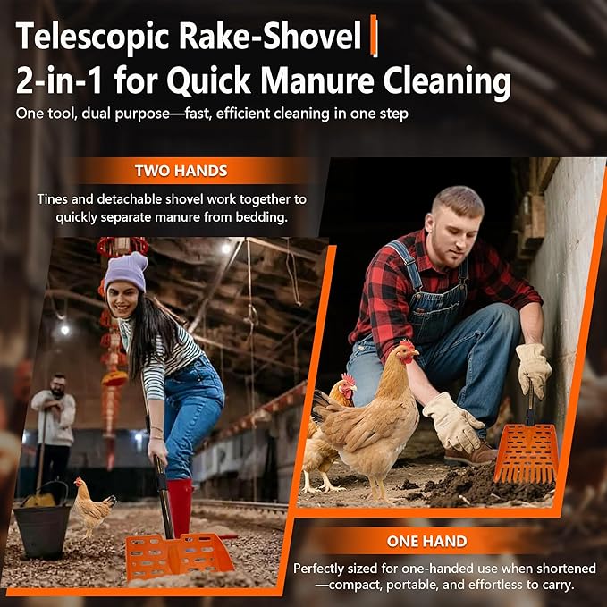 Chicken Dog Poop Scooper & Rake 2-in-1 Telescopic Chicken Litter Scoop for Chicken Coops & Small Farm Animals Sand Sifting Litter Shovel (Orange)