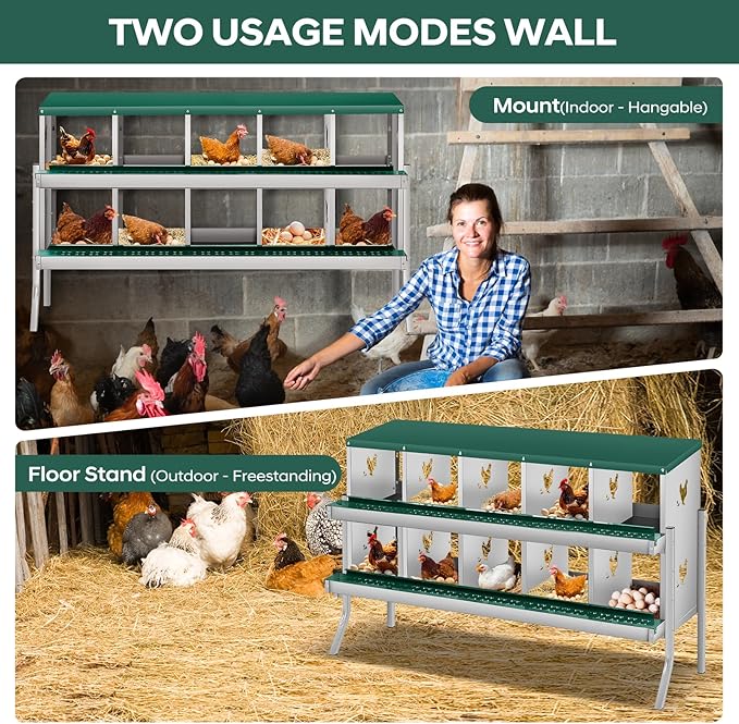 GarveeLife Chicken Nesting Box, 10 Compartments Nesting Box for Chickens, Two-Tier Galvanized Steel Chicken Egg Laying Box with Large Vented Holes Wall Mounting for Easy Egg Collection