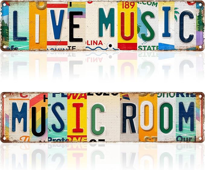 2Pcs Vintage Music Room Sign Decor Musical Metal Tin Sign 4 X 16 Inches Street Signs Live Music Posters for Room Home Bar Studio Coffee Wall Decor Gifts for Musicians