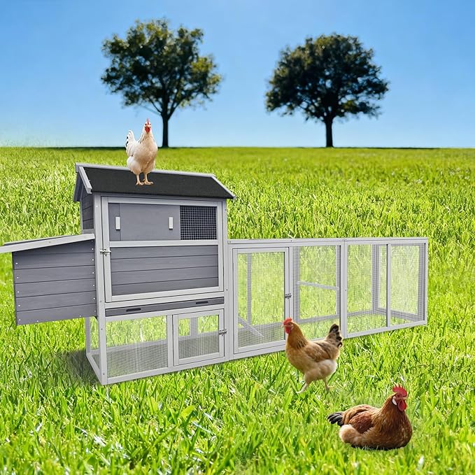 113" Large Chicken Coop with Run, Outdoor Wooden Hen Duck House with Nesting Box, Waterproof Asphalt Roof and Pull-Out Tray, Poultry Bunny Quail Cage Rabbit Hutch with Ventilated Window, Gray