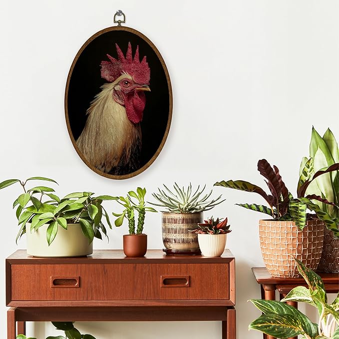 WULQYING Vintage Chicken Wall Art Decor, Moody Dark Academia Chicken Oval Framed Canvas Art Prints, Rustic Farmhouse Rooster Wall Hanging Decor for Home Bedroom Living Room, 8.6x11.4 Inches