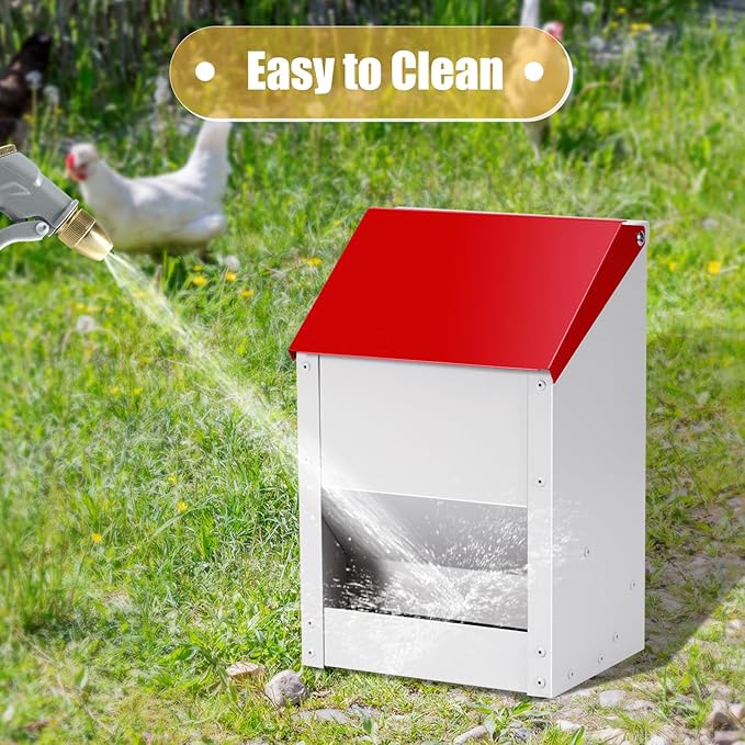Automatic Chicken Feeder 10lbs Metal Chicken Feeder No Waste Wall Mounted Poultry Feeder Trough with Scoop for Chickens Ducks Quail Geese Pet