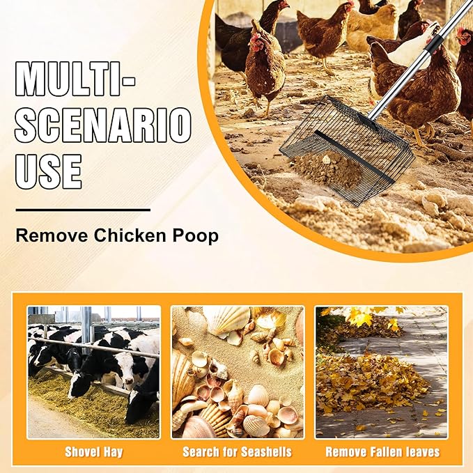 15 inch Extra Large Chicken Poop Scooper with Ergonomic Grip,5-in-1 Heavy Duty Adjustable Coop Scoop for Poop (24 to 68"), Stainless Steel Sifting Litter Shovel Scoop for Chicken Coop