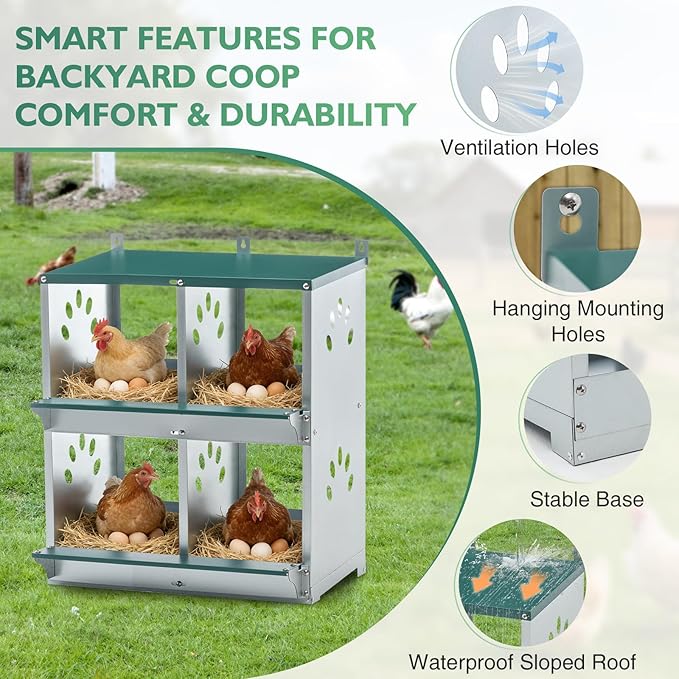 EAGLE PEAK 4-Hole Wall Mounted Chicken Nesting Box, Roll Away Hen Laying Box with Sloped Roof & Easy Clean Tray, Galvanized Steel for Backyard Chicken Coops (Green)