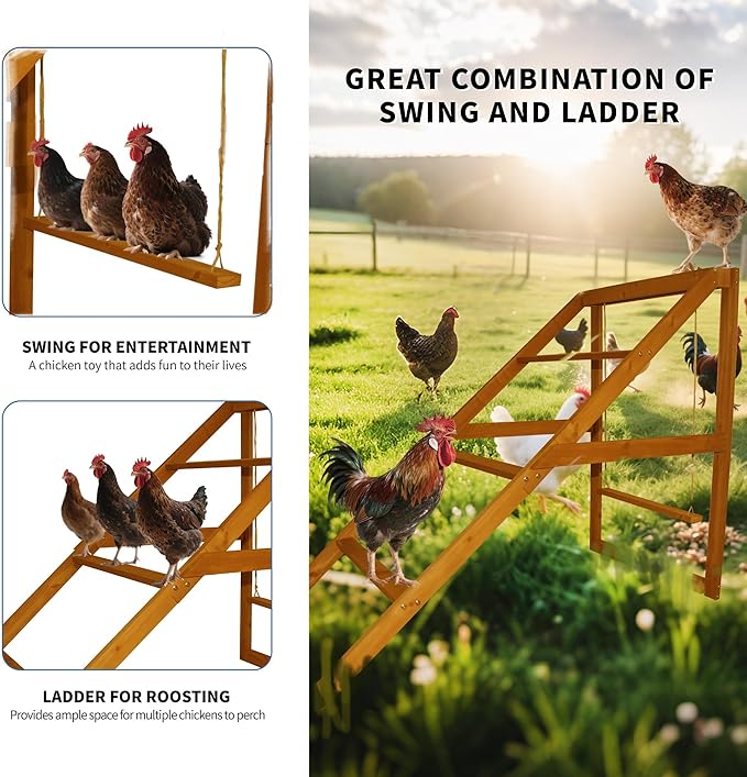 Chicken Perches for Coop with Swing: Roosting Bars for Coop Accessories - Chicken Run Accessories Toy, Wooden Ladder for Pet, Ideal for Backyard Poultry, Farms, Easy to Assemble and Clean