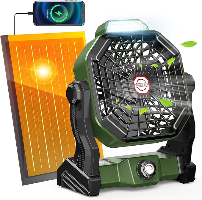 Rechargeable Solar Powered Fan, [Max 40H Runtime] Solar Camping Fans & Led Lantern,8-inch Portable Fan with Solar Panel,Battery Operated Powered Outdoor Tent Fans for Camping Essentials Accessories