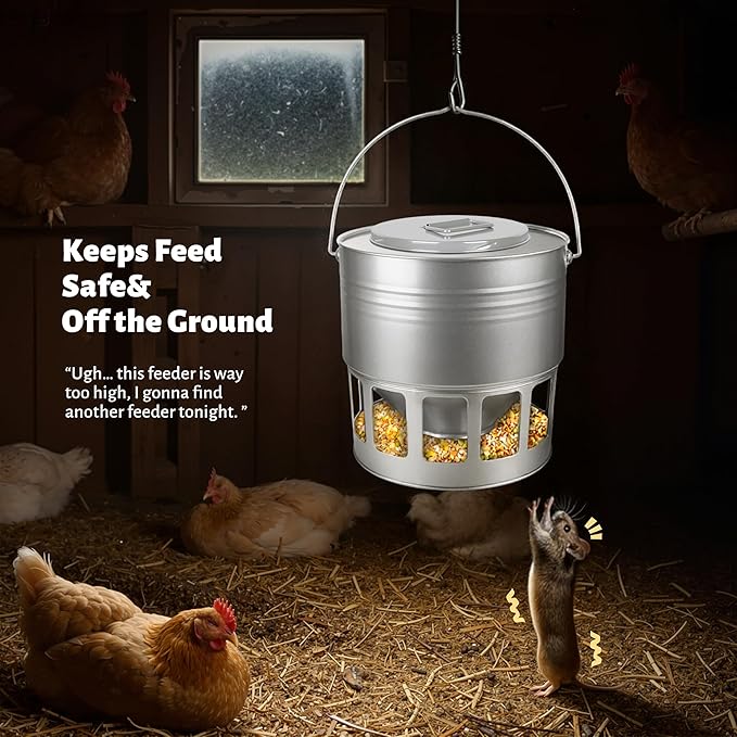 KOL Hanging Chicken Feeder – 20lbs Metal Chicken Feeder No Waste, Adjustable Poultry Feeder with 12 Ports, No Installation & Universal Height Design (Silver)