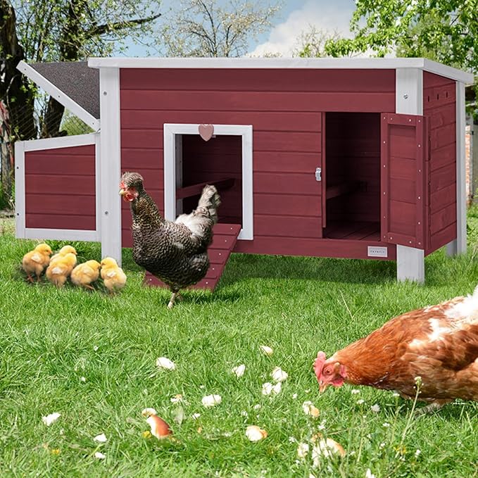 Petsfit Large Chicken Coop with Upgraded Perches, Wooden Outdoor Chicken Cage with Large Nesting Box, Weatherproof Open Asphalt Roof, and Removable Bottom for Easy Cleaning