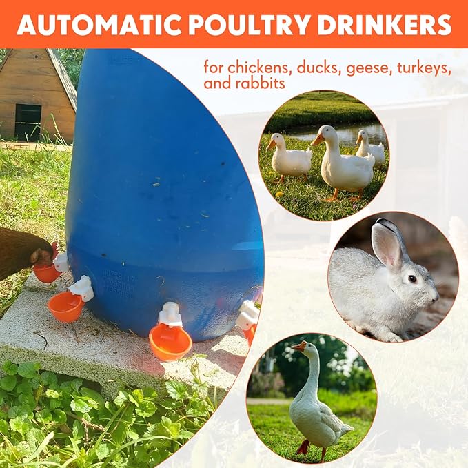 LemonRoad 30 Set Automatic Chicken Waterer Cups with 1/2" PVC Tee Fitting Chicken Drinking Bowl, Poultry Drinker Mounting Hole Opener,Water Dispenser Feeder for Duck, Goose, Turkey, Pigeon(Orange)