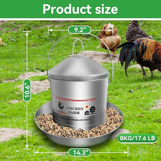 17.6 Lb Stainless Steel Poultry Feeder, Automatic Chicken Feeder No Waste, Hanging Chicken Feeder Heavy Duty Reliable Long-Lasting with Handle, Top Filled
