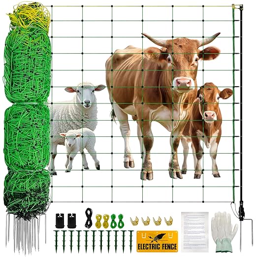 Electric Fence Netting, Portable Livestock Fencing for Sheep, Cattle, Net Fencing Kit with 14 Posts Double Spiked, Movable Poultry Netting for Backyards, Homesteaders, Farms Ranches (164 * 42.5)