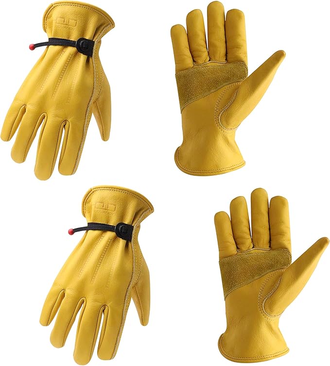 HLDD HANDLANDY 2 Pairs Leather Work Gloves for Men & Women, Reinforced Durable Palm for Welding, Farm, Gardening, Driving
