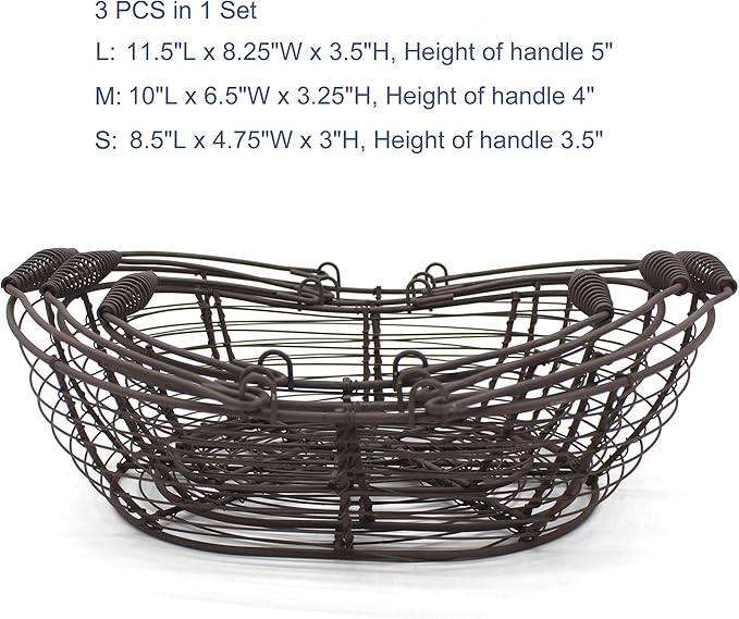 CVHOMEDECO. Oval Metal Wire Storage Baskets Rustic Egg Baskets with Swing Handles Farmhouse Gathering Baskets. Rusty, Set of 3