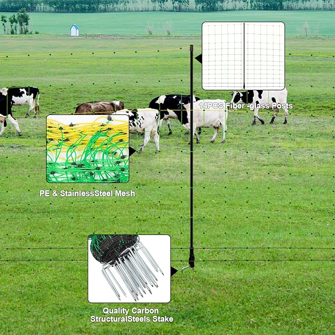 TMEE Electric Fence Netting Livestock Fencing for Goat with 14 Posts Double Spiked, Portable Mesh for Sheep, Deer, Hogs, Dogs in Backyards, Farms and Ranches, 49.6" H x 164' L, Green