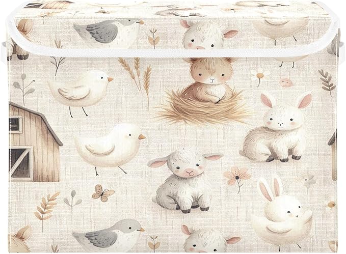 Storage Box Farm Animals Storage Bins with Lids, Larger Collapsible Fabric Storage Baskes with Handles for Living Room, Playroom, Bedroom, Nursery 16.5x12.6x11.8 Inch