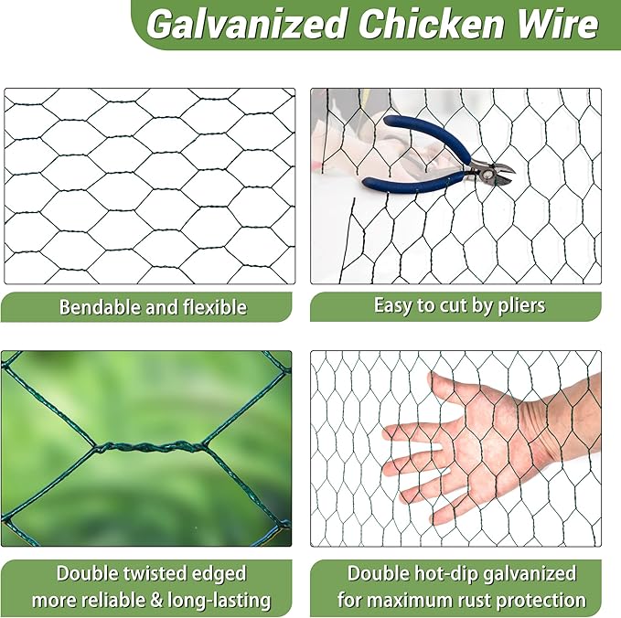Chicken Wire Fencing Mesh, PVC Coated Galvanized Hexagonal Floral Chicken Wire, Outdoor Anti-Rust Chicken Wire Poultry Netting for Garden Fence