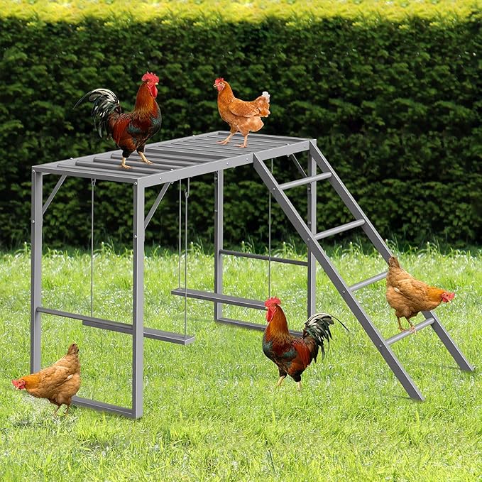 Chicken Perch Swing, Chicken Roosting Bars with Ladder for Coop, Metal Pet Swing Set for Pet's Healthy & Happy for 8-10 Chick, Grey