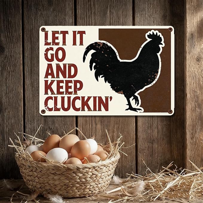 Funny Chicken Metal Sign Outdoor, Aluminum Farmhouse Wall Decor for Coop Door or Yard Area, Fluffy Humor Country Living Style, Rustic 8x12 Inch Gift