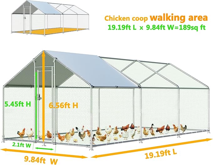 Large Metal Chicken Coop, Chicken Runs for Yard with Cover Walk-in Poultry Cage for 10 20 Chickens, Chicken Pen Duck Coop Hen House with Water-Resident Top and Feeding Door 19.2Lx9.84Wx6.6H FT