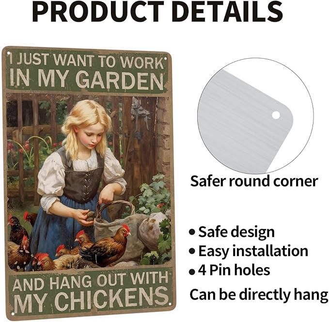 Jocasa Vintage Girl Metal Tin Sign - Chicken Sign For Chicken Coop, 12''X 8''