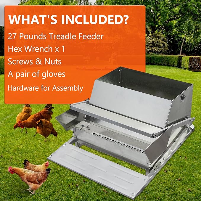 Garvee Automatic Chicken Treadle Feeder, 27 LB Large Galvanized Steel Poultry Feeder, Outdoor Use, No Waste, 10 Chickens for 11 Days, Metal Chicken Feeder Kit Suits Duck, Bantams, Pheasants